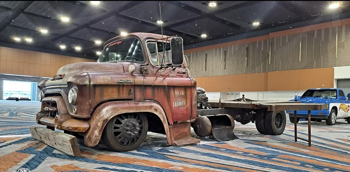 Rust-finished vintage GMC hauler display truck